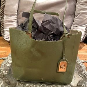 Lauren Ralph Lauren RLL luxury green pebbled leather with gold details NEW